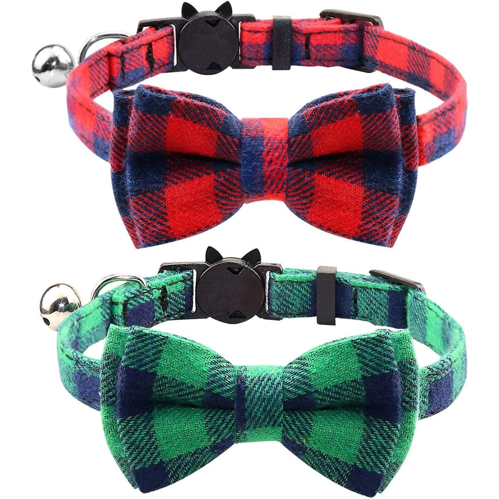 Kikidex (As Show, One Size) Breakaway Cat Collar With Bow Tie And Bell, Cute Plaid Patterns, 1 Or 2 Pack Kitty Safety Collars