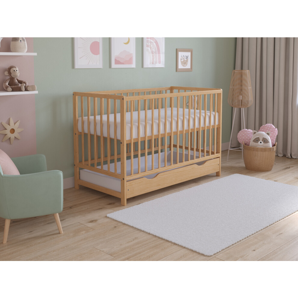 Asher Cot Bed 120X60cm With Drawer & Mattress (Natural Pine) Love For Sleep