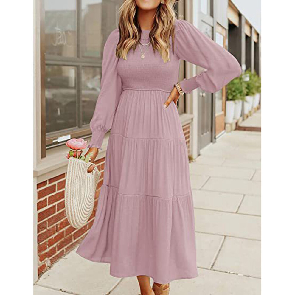 Pink Long Sleeve Pleated Maxi Dress for Women, S to XL-image-OPC-PMHKHNT-NEW