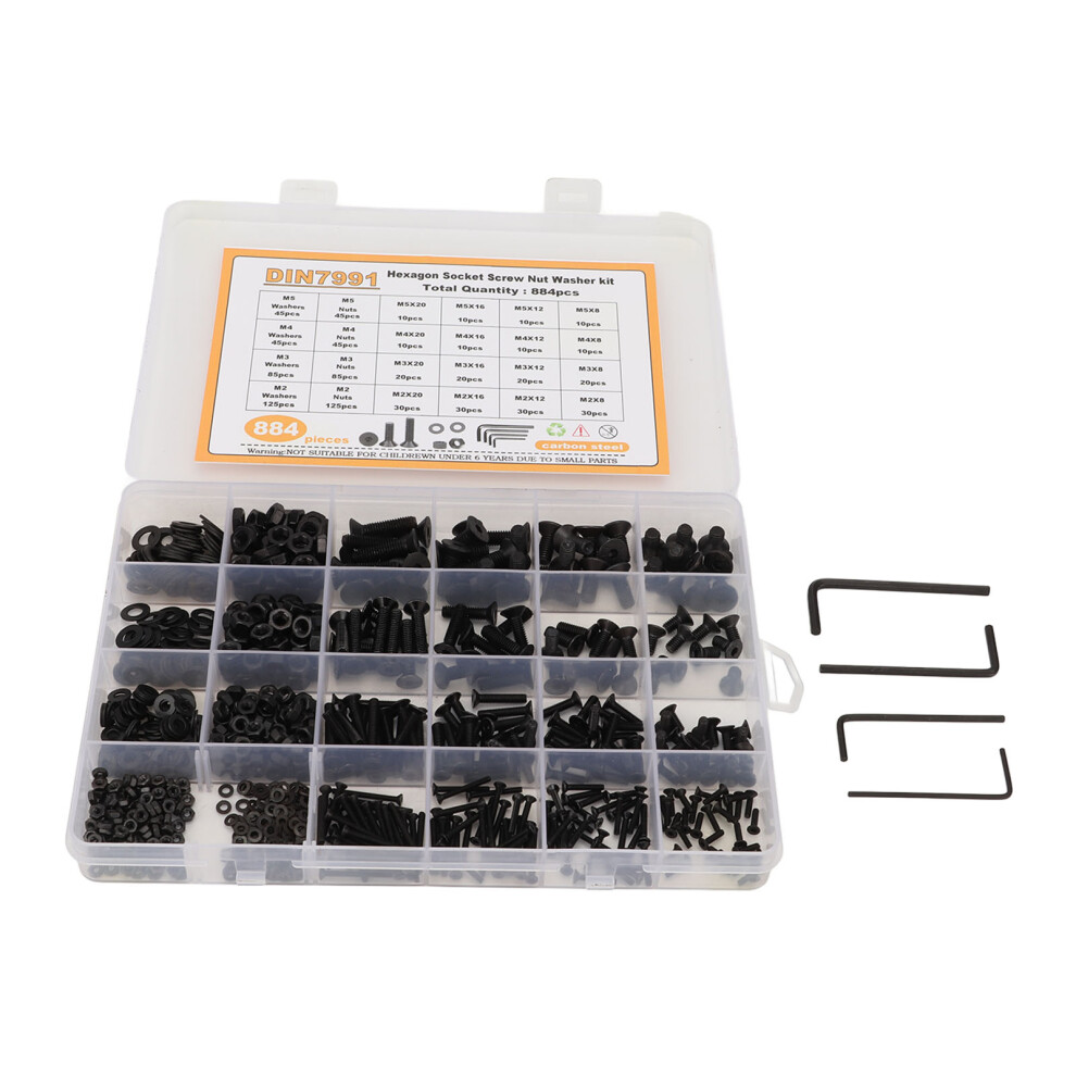 884Pcs Carbon Steel M2âM5 Hex Socket Screw Nut Washer Kit Black 4661356627721
