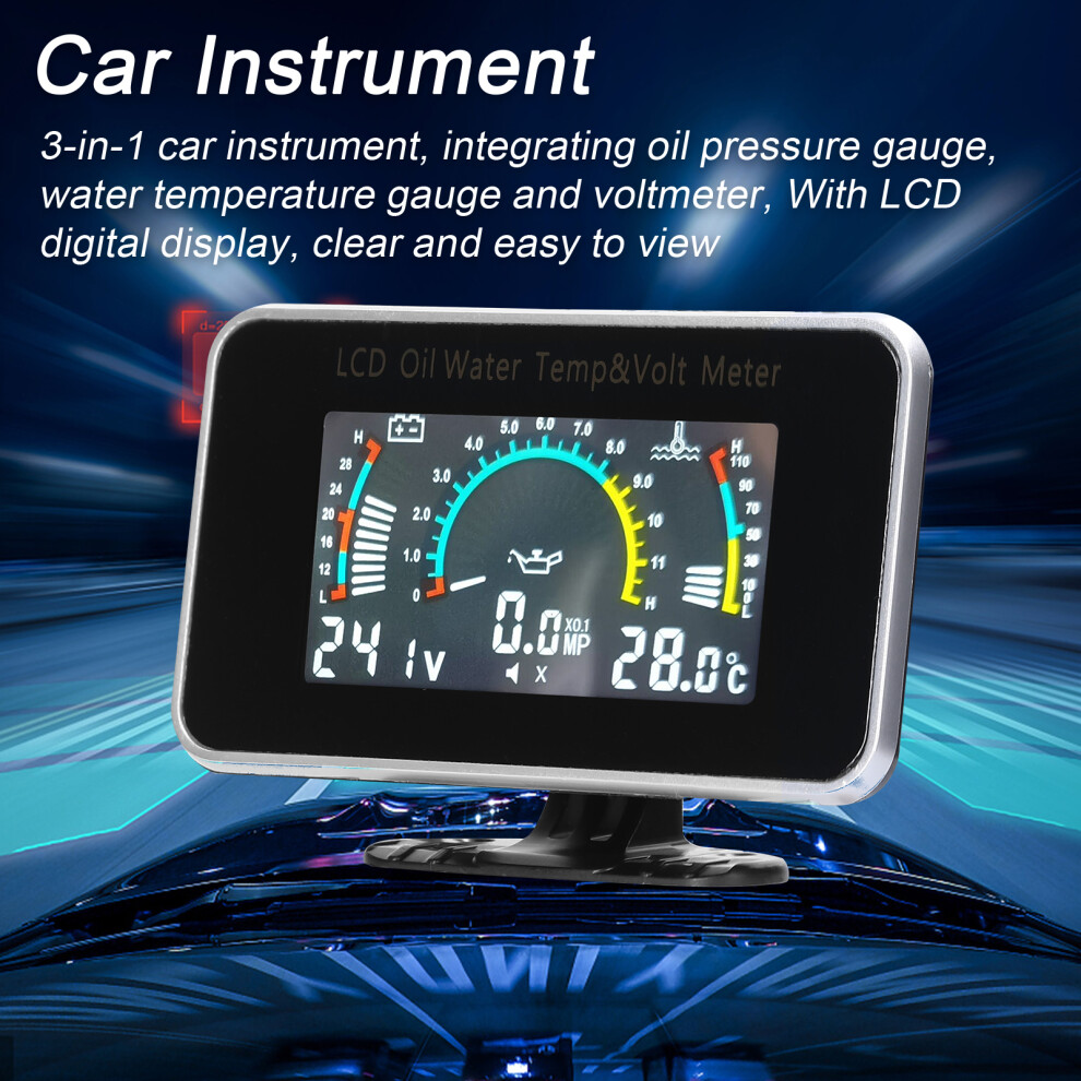 Universal 3-In-1 Car Gauge: Oil Pressure Voltage & Temp Lcd Display 8461356628690