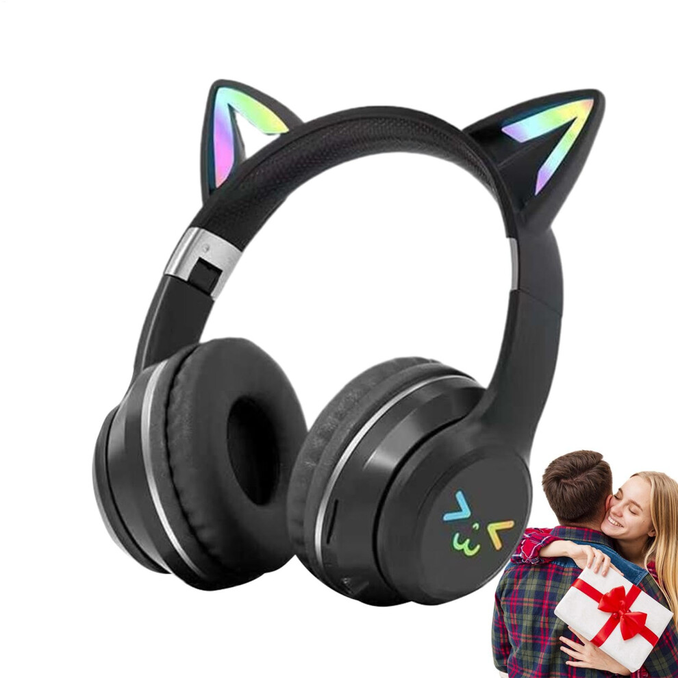 Kids Headphones With Cat Ears Foldable Wireless On-Ear Gradient Color Microphone And LED Light Black White-image-OPC-PMHMN5B-NEW