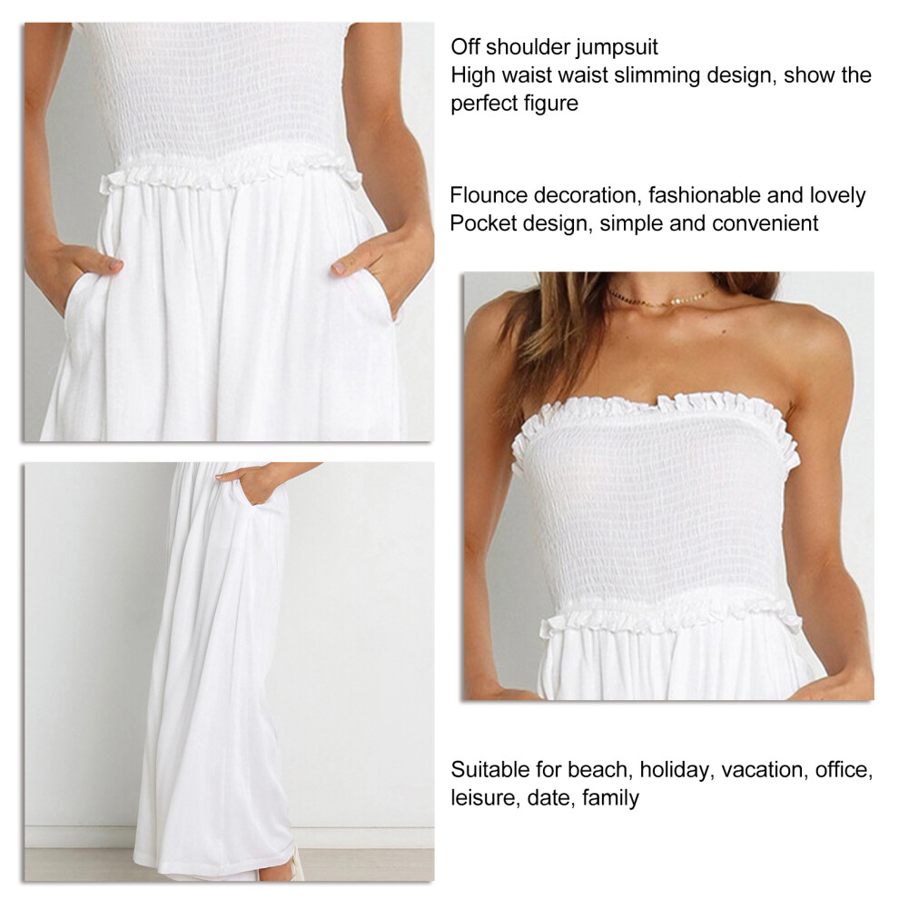 Women's Off Shoulder Jumpsuit Wide Leg Flounce Trim White M-image-OPC-PMHP9GS-NEW