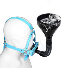 Sex Bondage Fetish Water Funnel Nail Bondage Plug Mouth Kit Strap Cap Leather Mask Enema Drool Plug Gag Blue