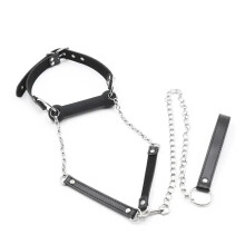Silicone Bone Ball Gag - Bondage Leash Chain, Attached Mouth Restraint, Black, Roleplay Sex Toy