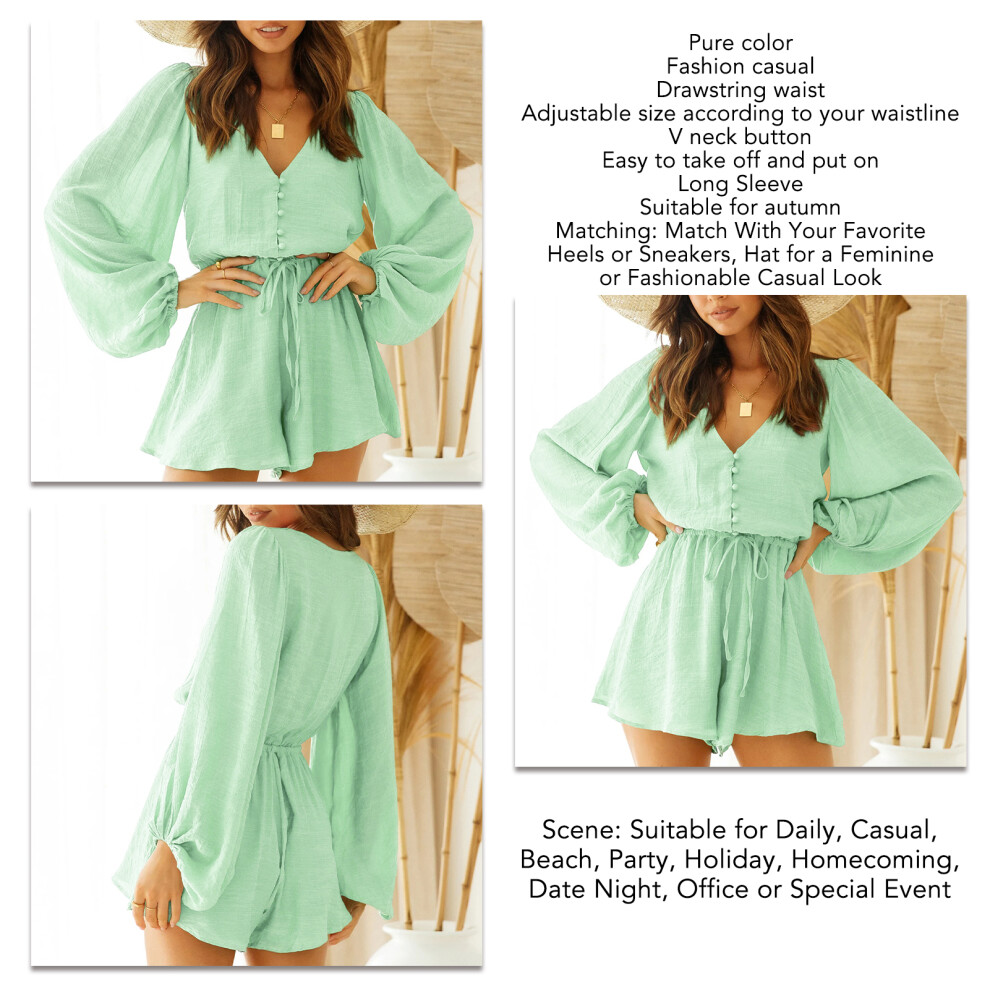 Women Long Sleeve Jumpsuit, Pure Color, V Neck, Drawstring Waist, S-L, Green S-image-OPC-PMHWCGP-NEW