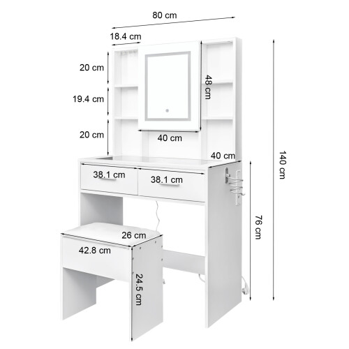 LED Mirror & 2 Drawers & 4 Shelves Dressing Table Stool Set 2