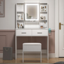 LED Mirror & 2 Drawers & 4 Shelves Dressing Table Stool Set