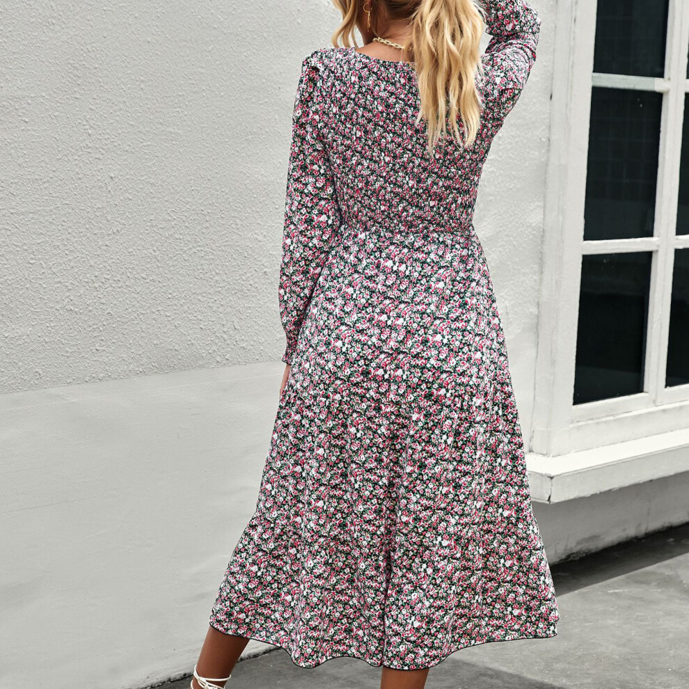 Black XL Floral High Waist Midi Dress with Long Sleeves-image-OPC-PMHWWVV-NEW