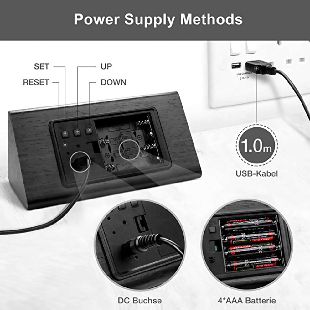 Wooden Digital Clock with LED Display, Temp & Humidity, 150x70x80mm-image-OPC-PMJ5PMB-NEW