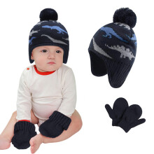 Kleinkind Dinosaur Beanie & Handschuh-Set Warmer Winterhut mit Ohrenklappen & Bommel