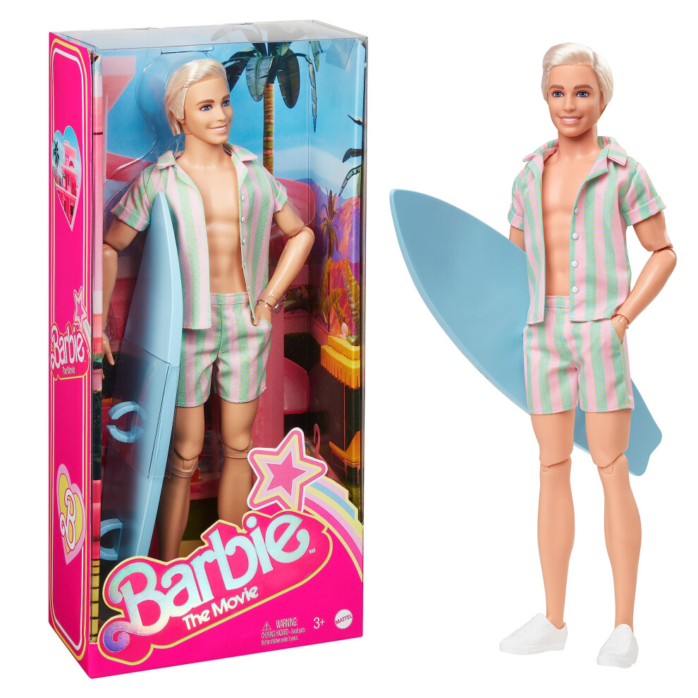 Barbie The Movie Ken Doll Wearing Pastel Pink And Green Striped Beach Matching Set With Surfboard And White Sneakers