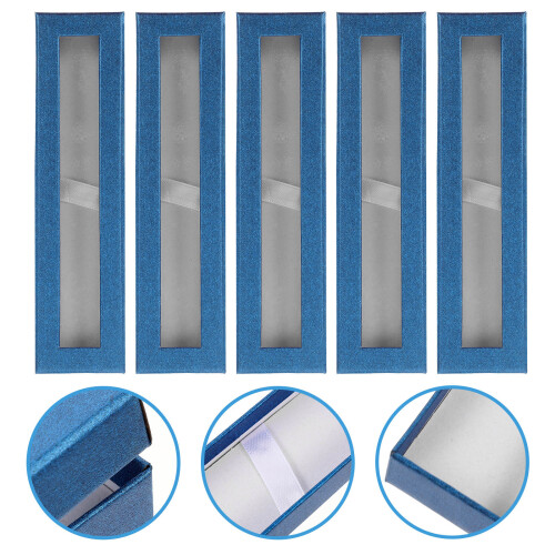 5Pcs Durable Paper Pen Gift Boxes Blue Pen Container with Clear Window 2