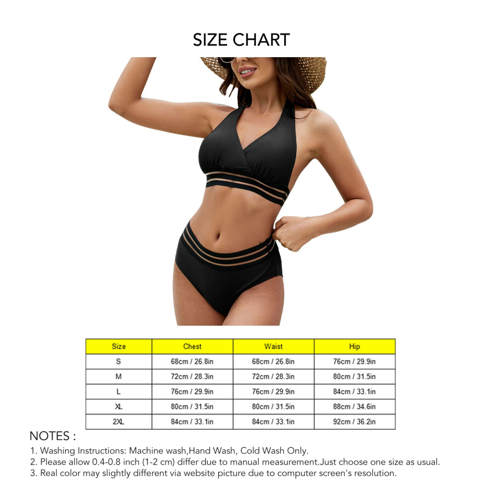 V Neck Backless Mesh Splicing 2-Piece Bikini Swimsuit Black M-image-OPC-PMJ7XPG-NEW