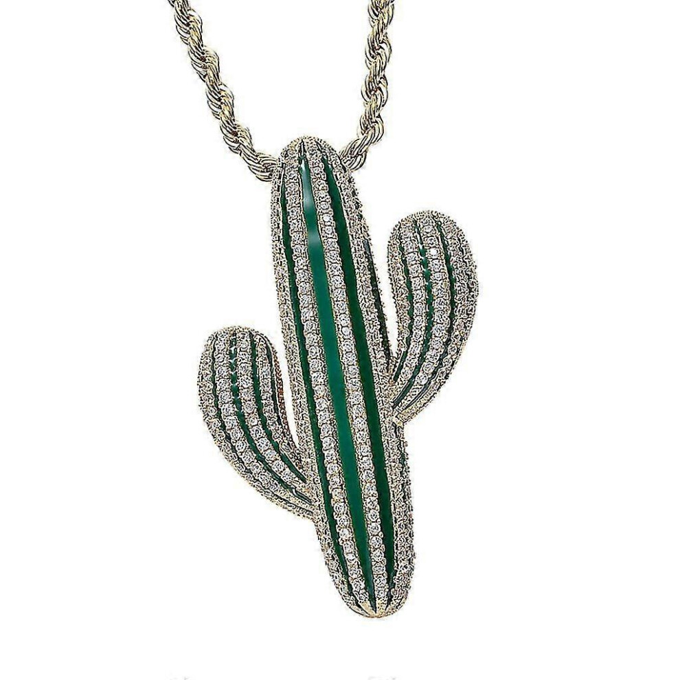 Kikidex (As Show, One Size) 18K Cubic Zircon Charms Cactus Pendant Necklace Hiphop Jewelry Gold