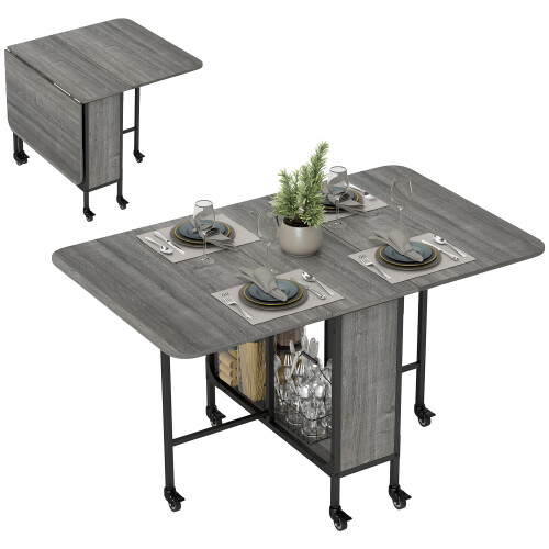 Homcom HOMCOM Mobile Drop Leaf Dining Table on Wheels with Storage Shelf Grey 1