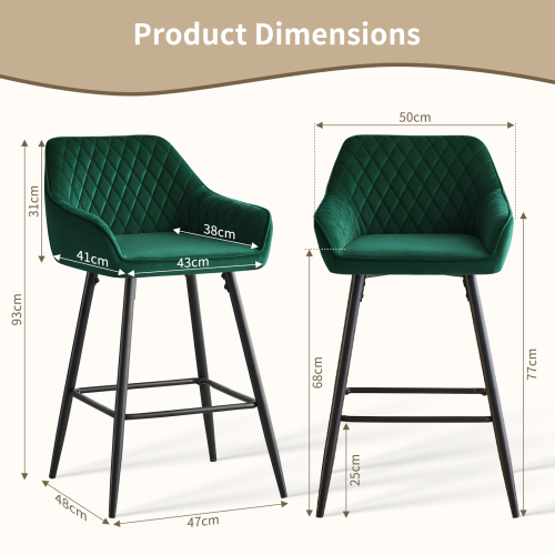 (Green) Bar Stools X2 Velvet Bar Stools Breakfast Chairs 2