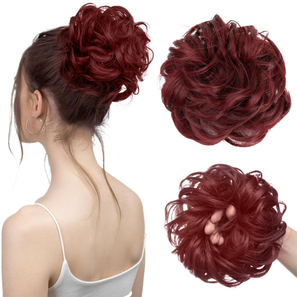 Unisex Red Hair Scrunchie Updo Hairstyles Large Messy Bun Hairpiece Synthetic Curly Wavy Extensions