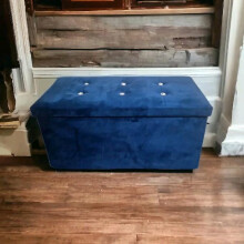 (Navy Blue) Premium Plush and Crushed Velvet Foldable 1 or 2-seater Diamante Ottoman Storage Cube Toy Box Chest Room Household Organiser