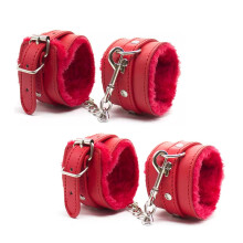 Wrist Leather Handcuffs Two Pairs Fluffy Plush Fitness Bracelets Detachable Leash Chain Unisex Red