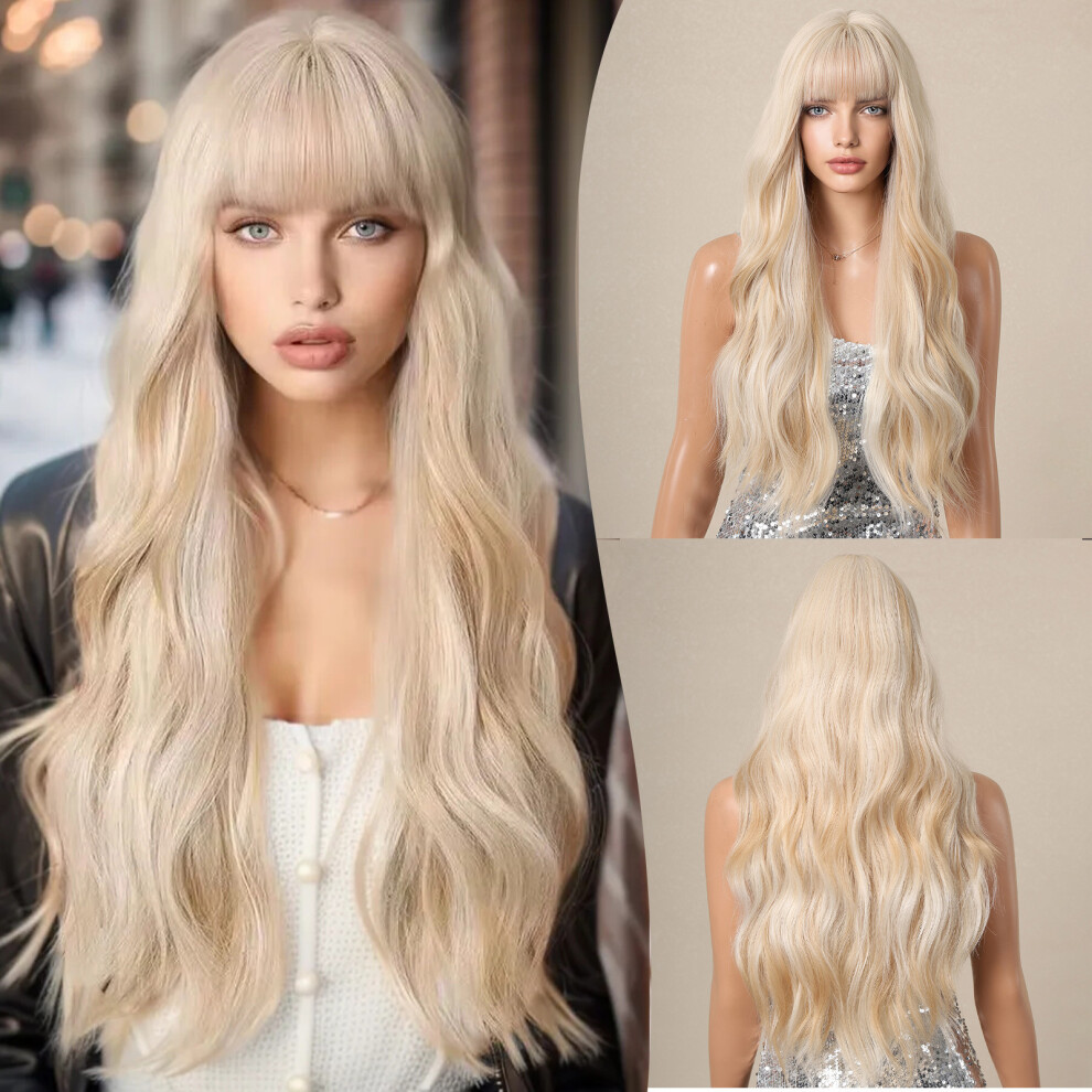 Unisex Long Curly Hair Wig Women Bang Heat Resistant Blonde Wavy
