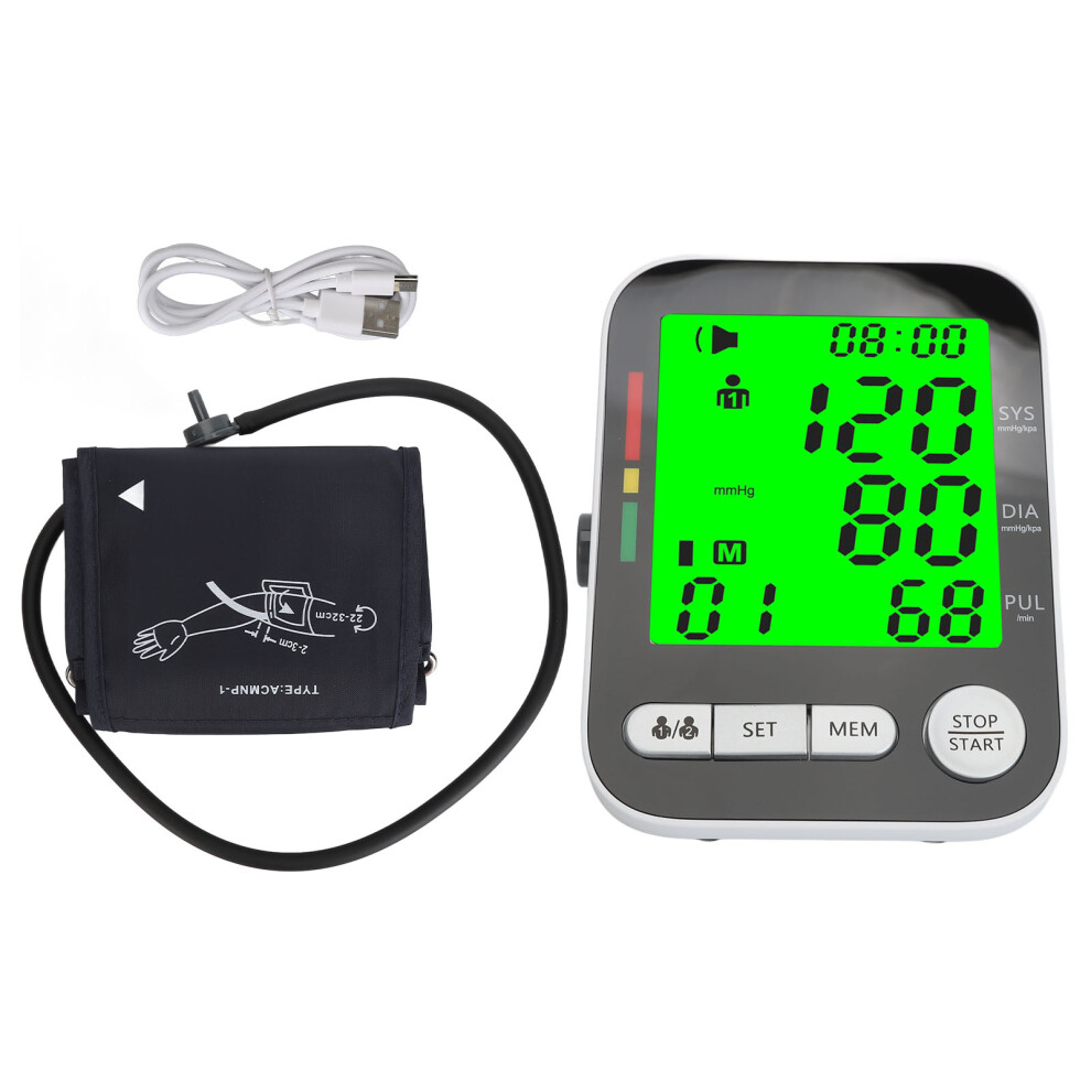 Upper Arm Blood Pressure Monitor Auto Rechargeable 3 Color Backlight