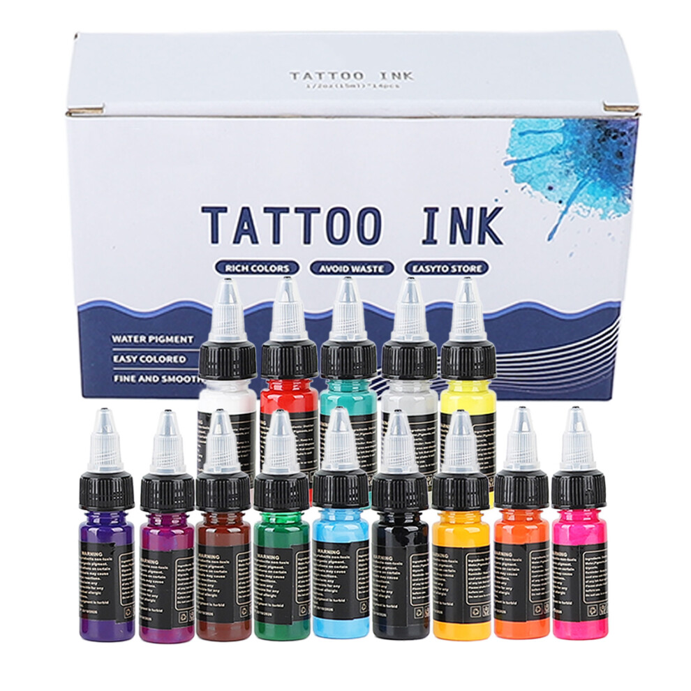 14 Color Tattoo Ink Set Vibrant Long Lasting For Beginners Black/White/Red