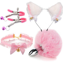 BDSM Bondage Set Cat Ear Hairband Neck Collar Gag Nipple Clamp