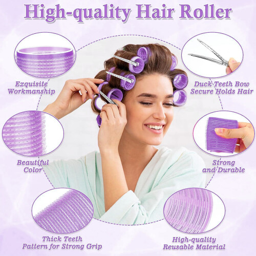 24PCS Heatless Hair Rollers Set Self-Adhesive 4 Sizes with Clips Brush