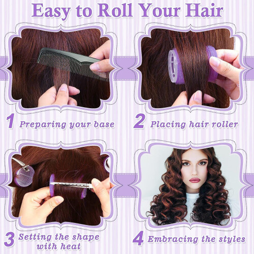 24PCS Heatless Hair Rollers Set Self-Adhesive 4 Sizes with Clips Brush 1
