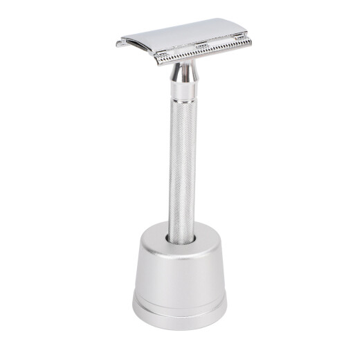 (Silver) Doppelschneidiger Barttrimmer, langer Metallgriff, schwarz 2