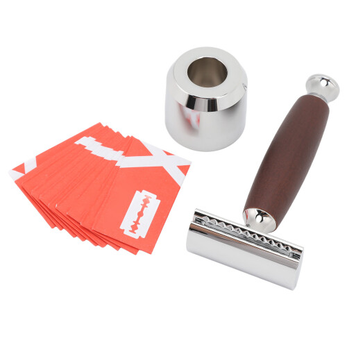 Double Edge Shaving Kit Alloy Wooden Handle Stand 1
