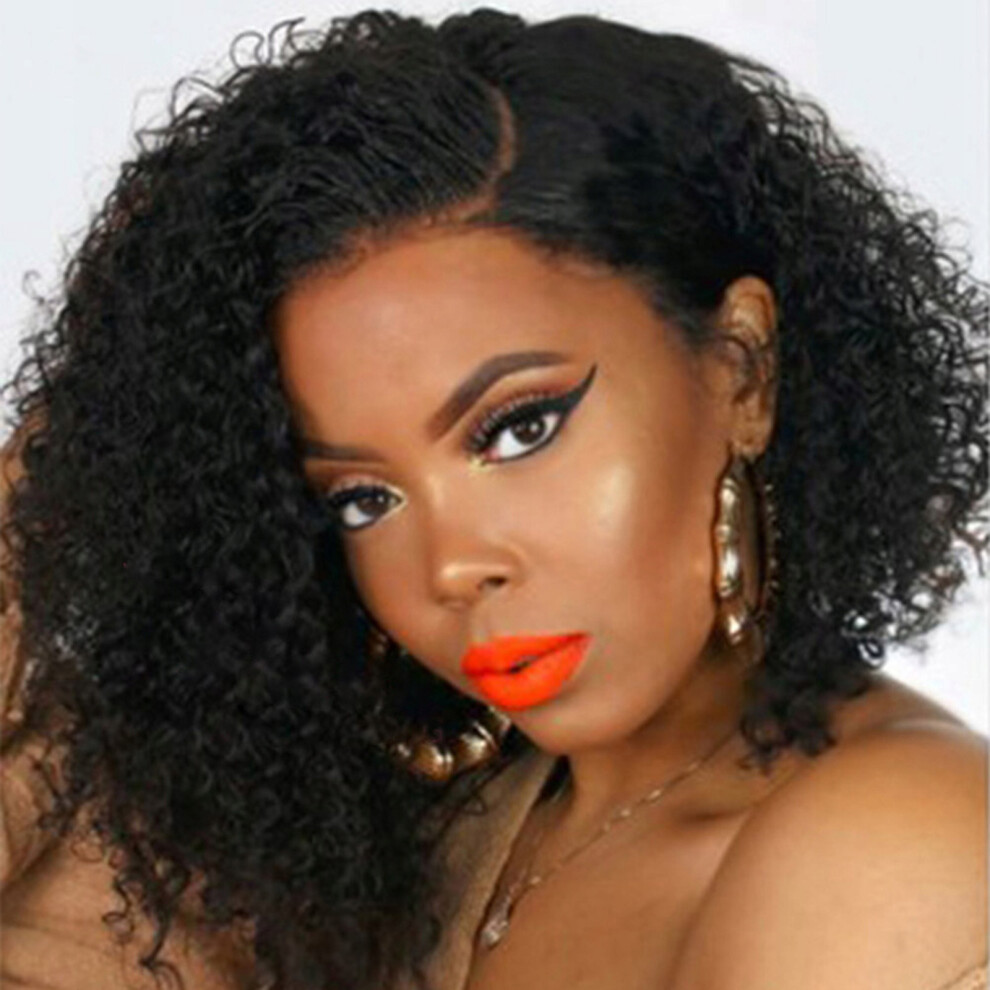 Unisex Short Curly Afro Wig Heat Resistant Bob Wig With Side Bangs Full Hair