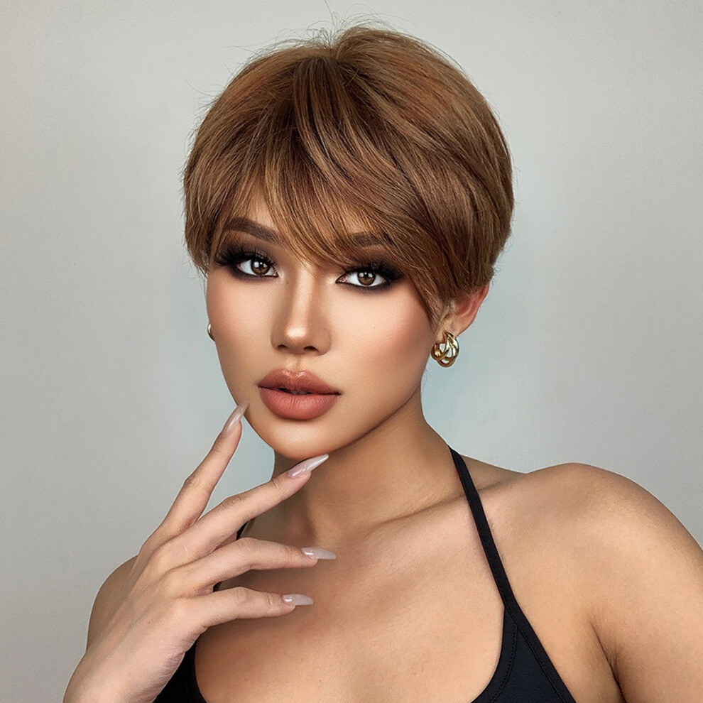 Unisex Short Layered Pixie Wig With Bangs High-Temp Synthetic Fluffy Natural