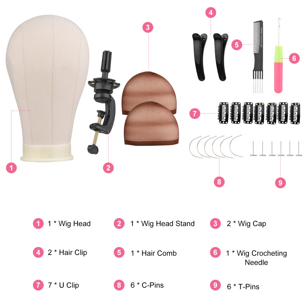 Unisex 23 Inch Wig Head Mannequin With Stand T-Pins C-Pins