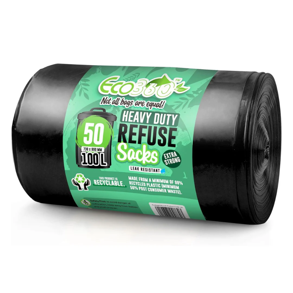 Eco360 50 Eco Heavy Duty Strong Refuse Sacks 100L Bin Bag Black