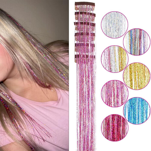 6x Clip-in Haar Tinsel 50cm Glitter Extensions 2