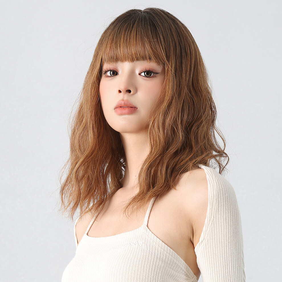 Women's Curly Wig Golden Brown Bangs Wavy with Hair Net