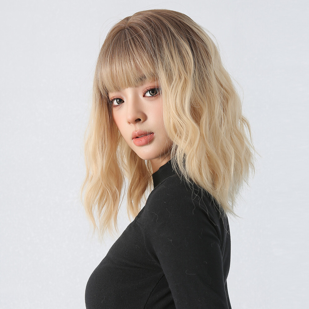 Unisex Golden Women's Curly Wig Gradient Bangs Wavy Hair With Net Party Daily
