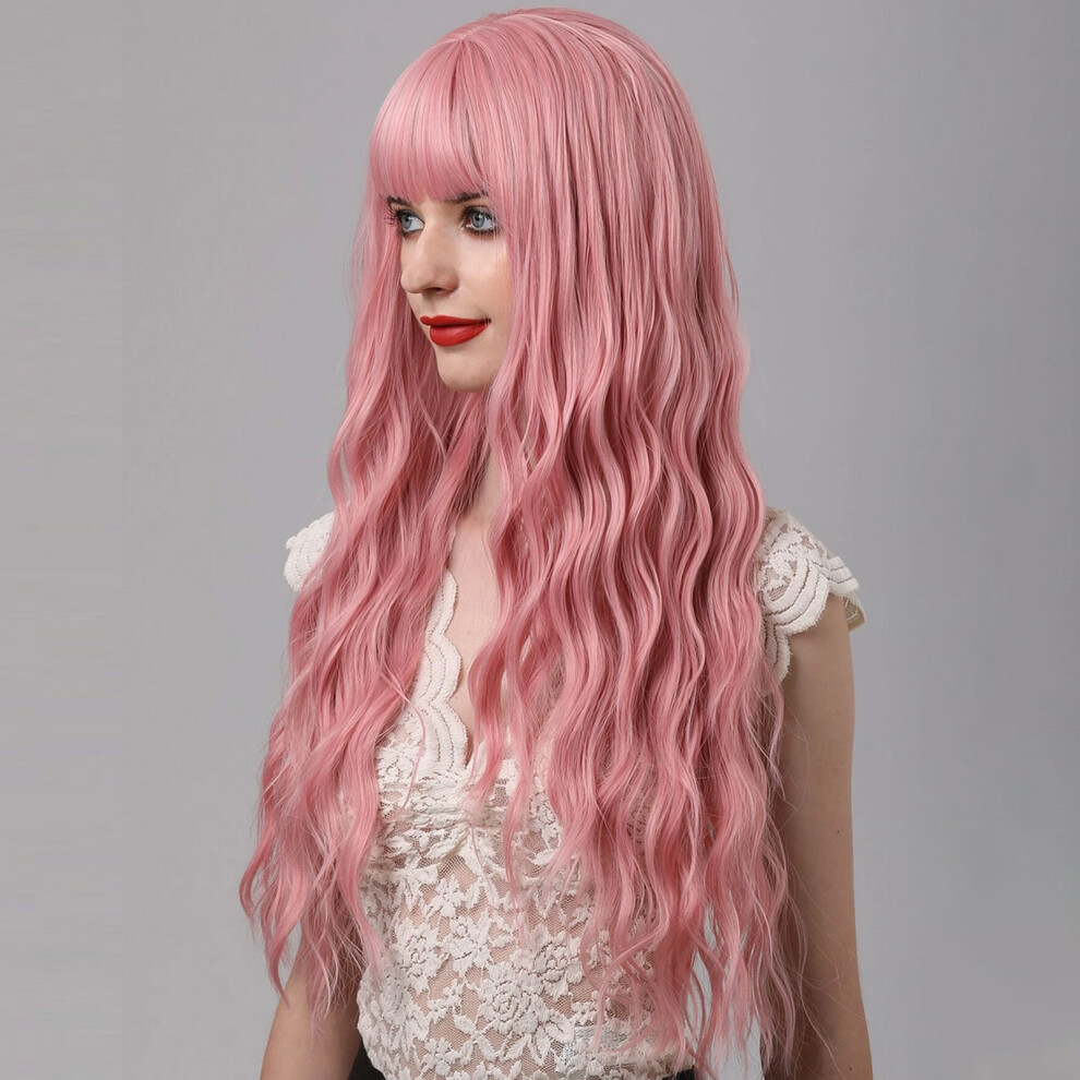 Pretfy Pink Curly Wig Heat Resistant Synthetic Long Wavy Hair Women