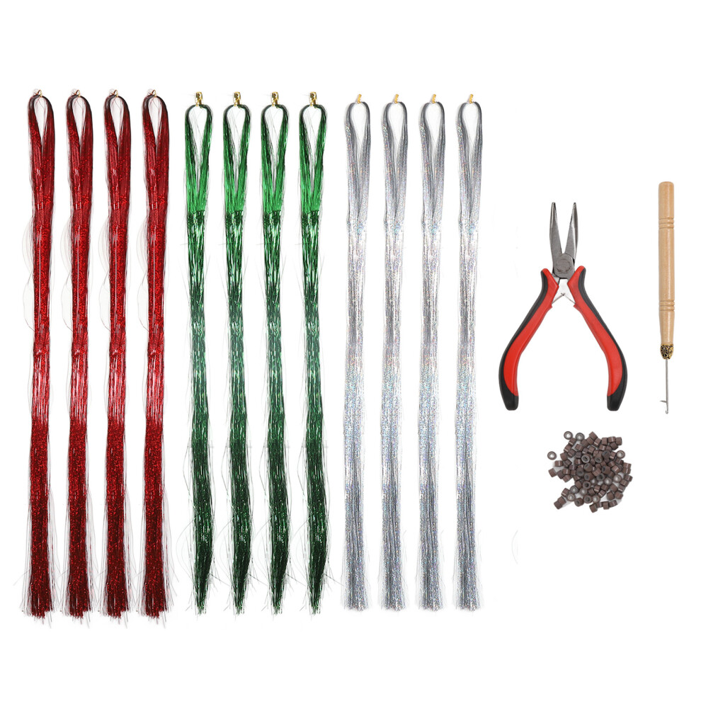12 Bundles Glitter Sparkling Tinsel Hair Extensions with Tools 1.2m