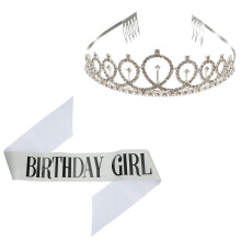 1Set Silver Elastic Cloth Birthday Crown Sash Party Decor Favor Gift
