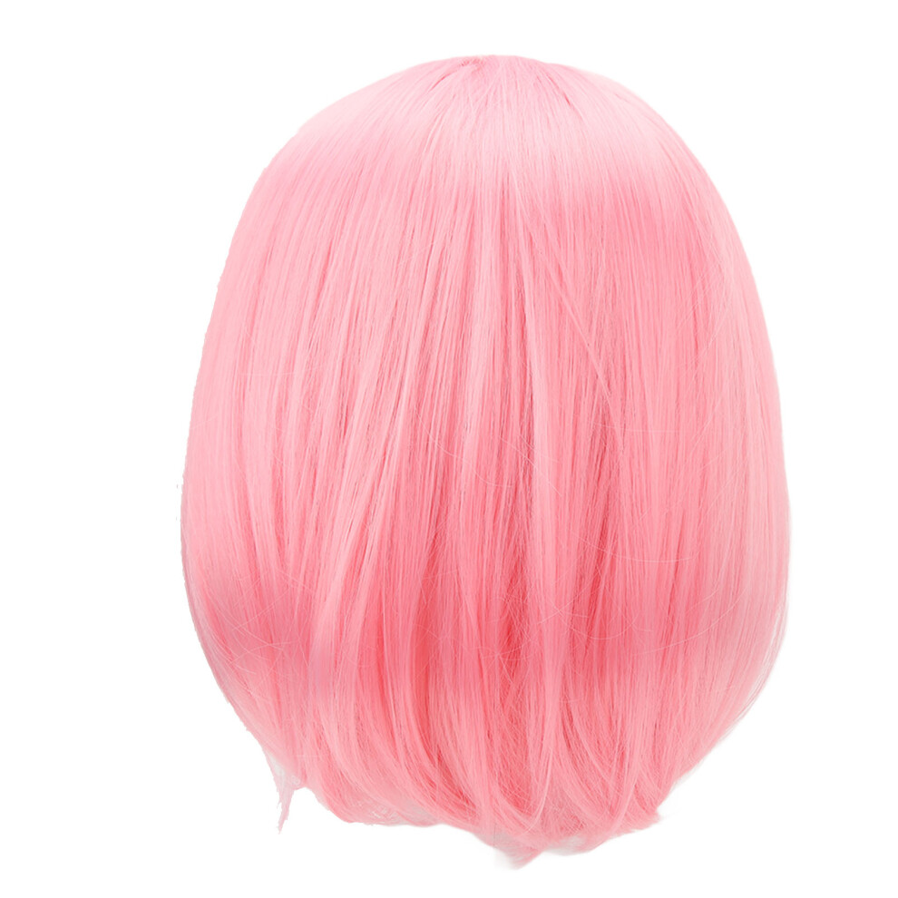 Unisex Pink Short Bob Wig Fluffy Bangs For Students
