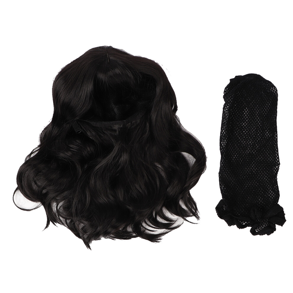 Unisex Black Women Curly Wig Medium Length Adjustable Wavy False Hair
