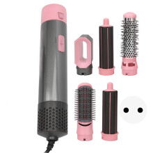 (EU Plug 220V) 5-in-1 Hair Dryer Brush Curler Straightener Pink