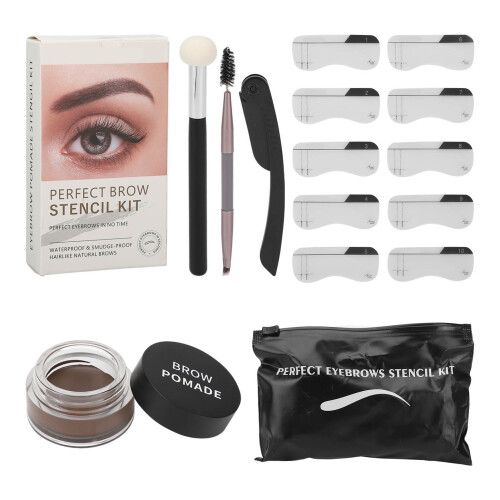 (Light Brown) Reusable Waterproof Eyebrow Stencil Kit 10pcs w/ Brush