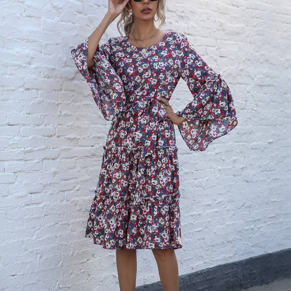 Floral Round Neck Flared Dress XL Wine Red Casual Wear for Daily & Beach-image-OPC-PMJJNJ7-NEW