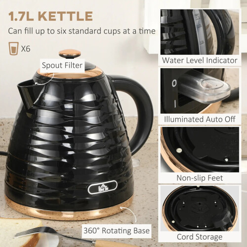 Homcom 1.7 Litre Kettle and Toaster Set 3000W with Rapid Boil 2
