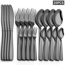 (Black, 5 Counts) Stainless Steel Cutlery Set, 20pcs/5 Counts Including Knife & Fork & Spoon, Flatware Set for Home & Dining Bar, Kitchen Accessories