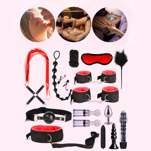 17pcs BDSM Set: Handcuffs, Ankle Cuffs, Whip, Collar, Blindfold, Gag 2